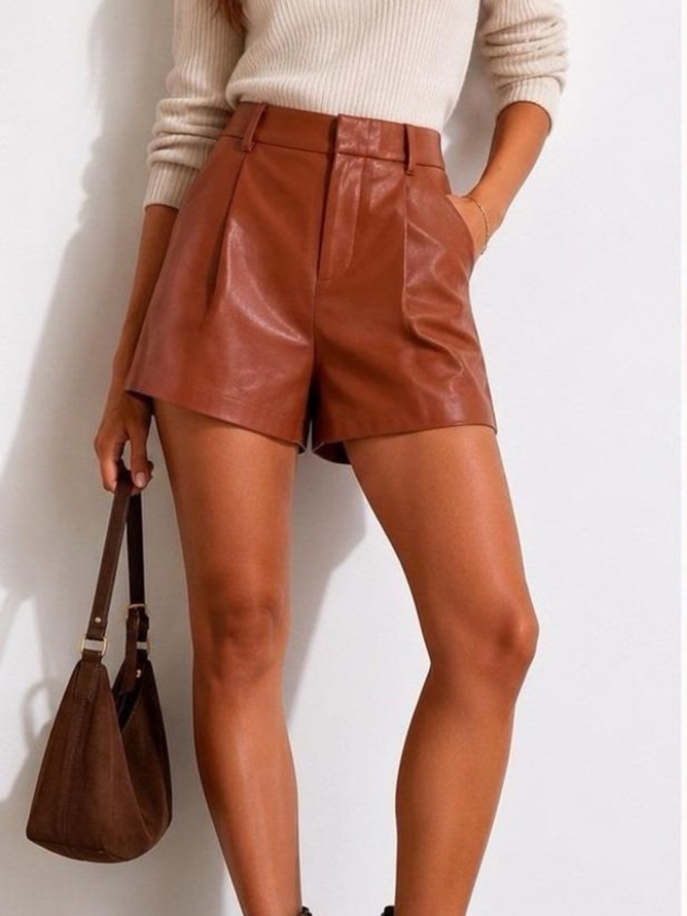 Wilfred Gem Brown Faux Leather Pleated High-Rise Shorts